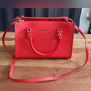 Calvin Klein Bright Red Structured Satchel with Detachable Strap